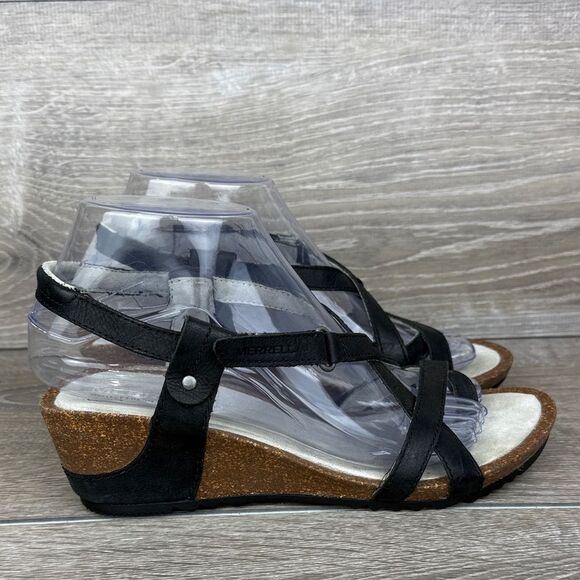 Merrell Revalli Women’s Sz 7 Black Leather Slingback Wedge Hook & Loop Sandals - Picture 1 of 11